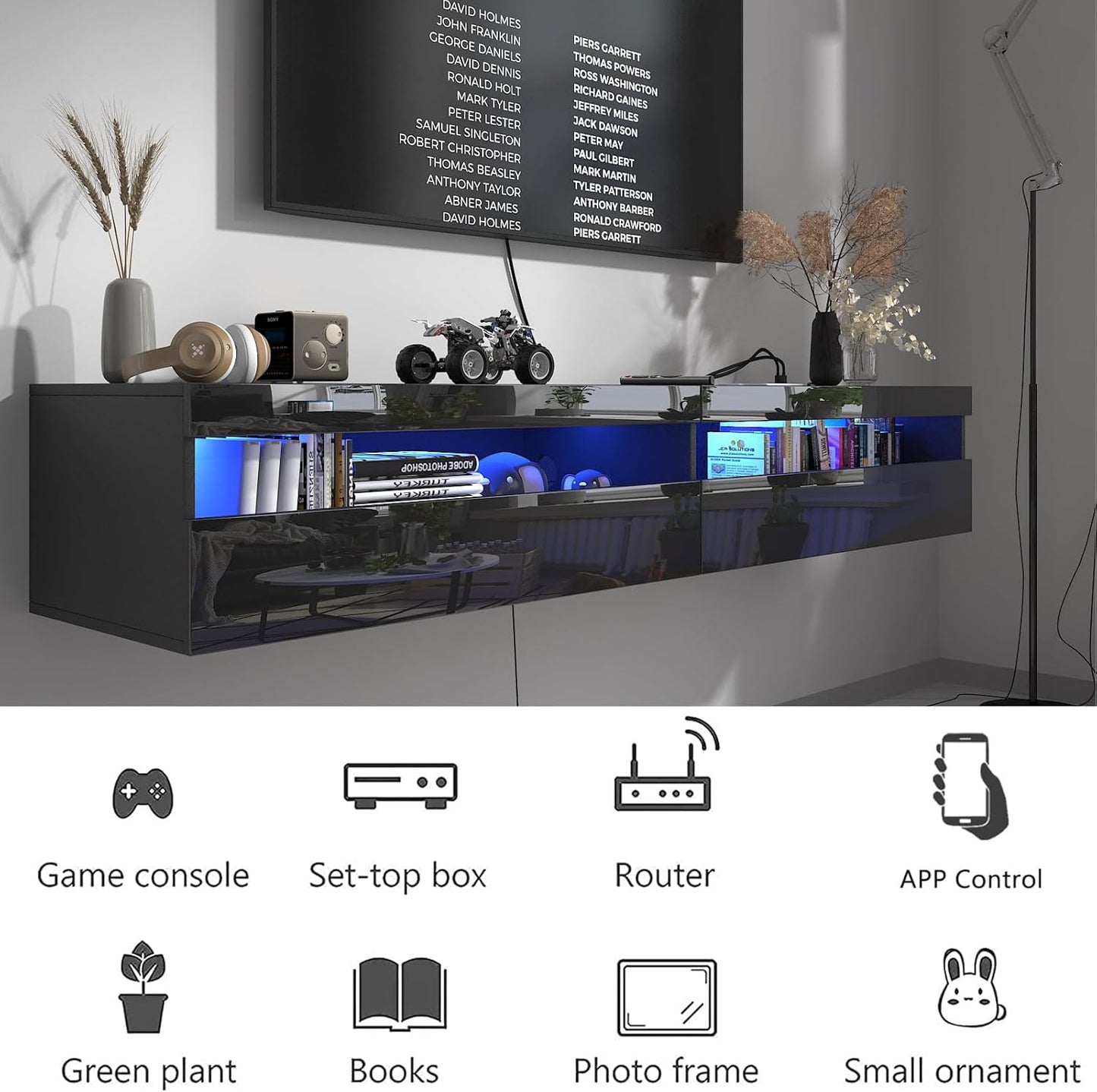 Floating TV Stand with Led Lights, 71 inch Wall Mounted TV Shelf with Power Outlet, Modern Entertainment Center Media Console with Storage Cabinet, Up to 80 Inch TVS, Black
