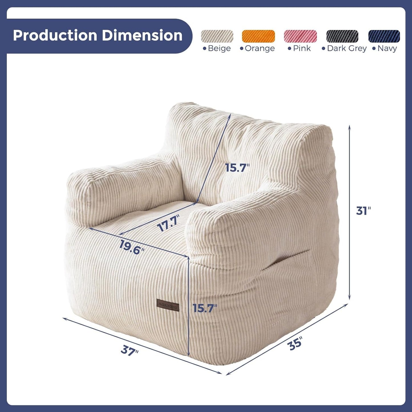 MAXYOYO Bean Bag Chair, Tufted Bean Bag Couch Lazy Chair, Living Room Sofa Couch with Filler for Adult Teens Kids, Corded Fabric Accent Sofa for Bedroom Dorm, Beige