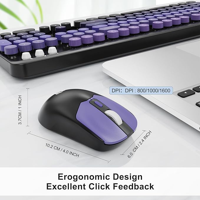 FD Wireless Keyboard and Mouse Combo | Cute Colorful Keyboard and Mouse with 2.4GHz Cordless Retro Typewriter Keyboard | Auto-Sleep | USB Receiver for Windows PC/Laptop - Black Purple Gradient