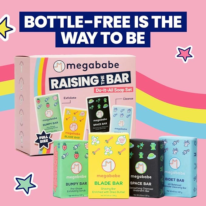 Megababe Raising the Bar Do-It-All Soap Set | Stocking Stuffer Holiday Gift | Includes Space, Bidet, Bumpy, & Blade Bars