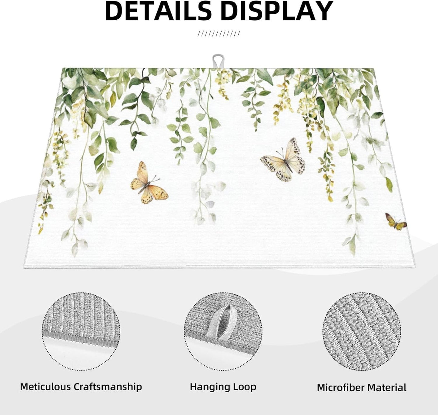 Dish Drying Mat for Kitchen Butterfly Watercolor Botanical Leaf Counter Absorbent Dishes Drainer Microfiber Large 18x24 Inch