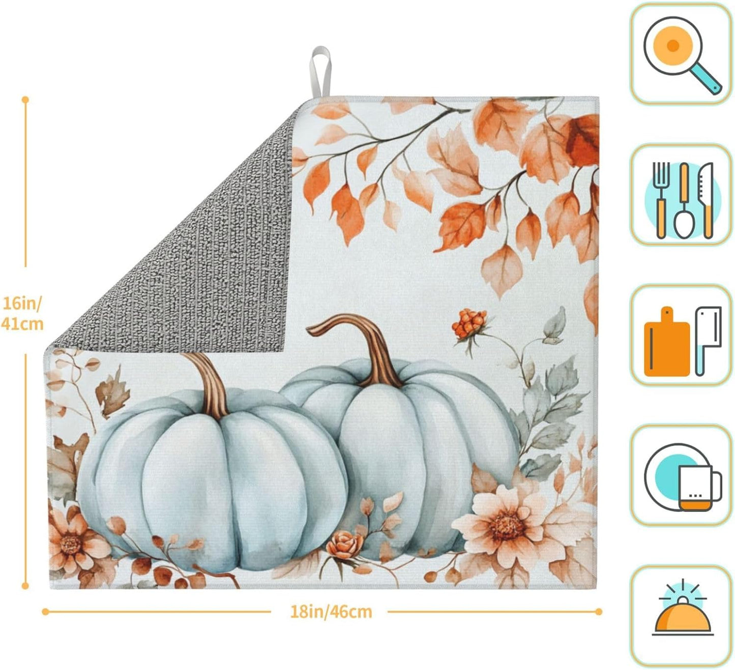 Dish Drying Mat Pumpkin Fall Leaf Thanksgiving for Kitchen Counter Absorbent 16x18 Inch Microfiber Dishes Plate Glass Dry Draining Pad Reversible Washable