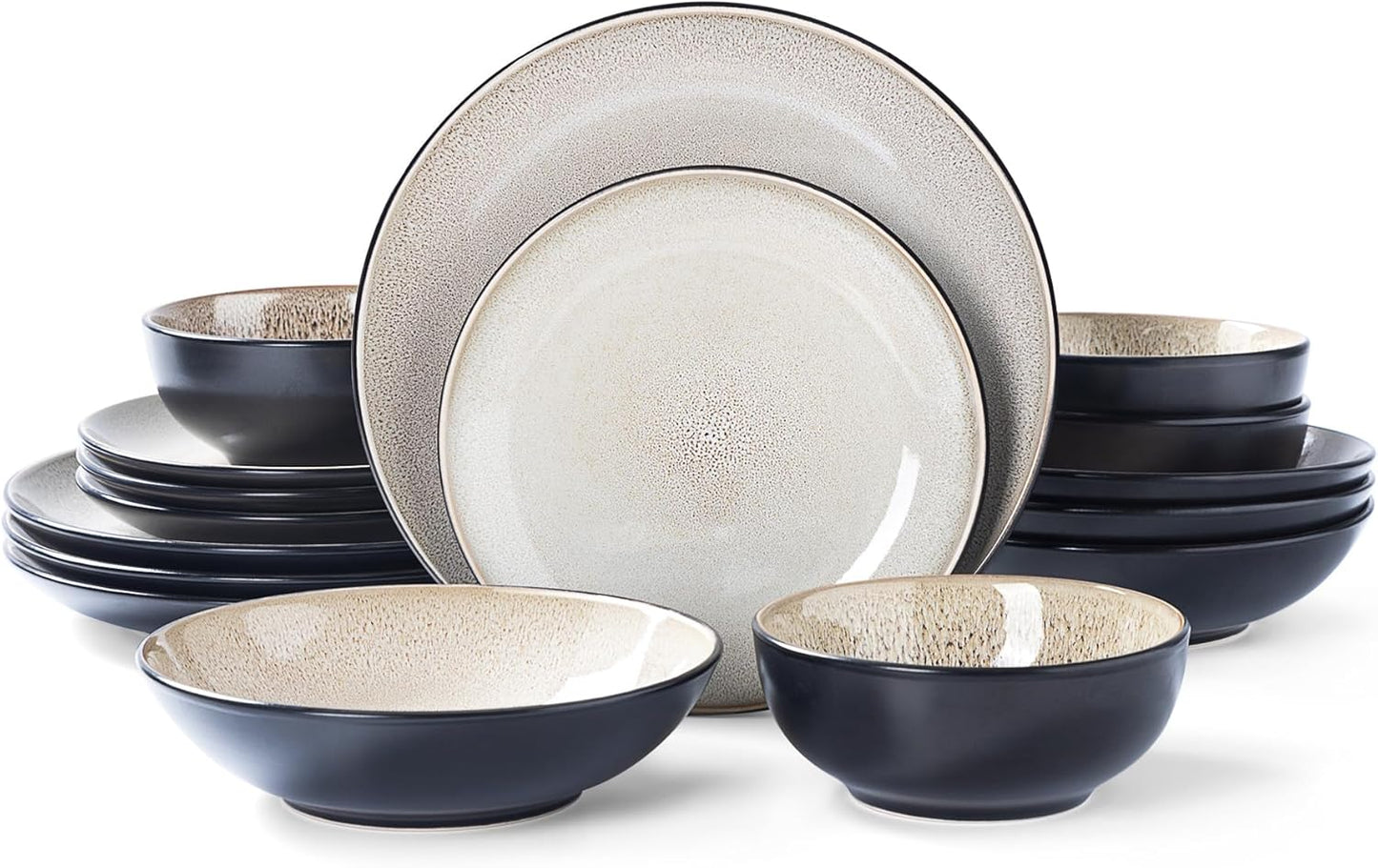 Plates and Bowls Sets for 4 - CJDC-QUELO 16-Piece Stoneware Dinnerware Sets, Ceramic Dishware Set for Kitchen Use and Formal Dining, Chip and Scratch Resistant Microwave Dishwasher Safe, Brown