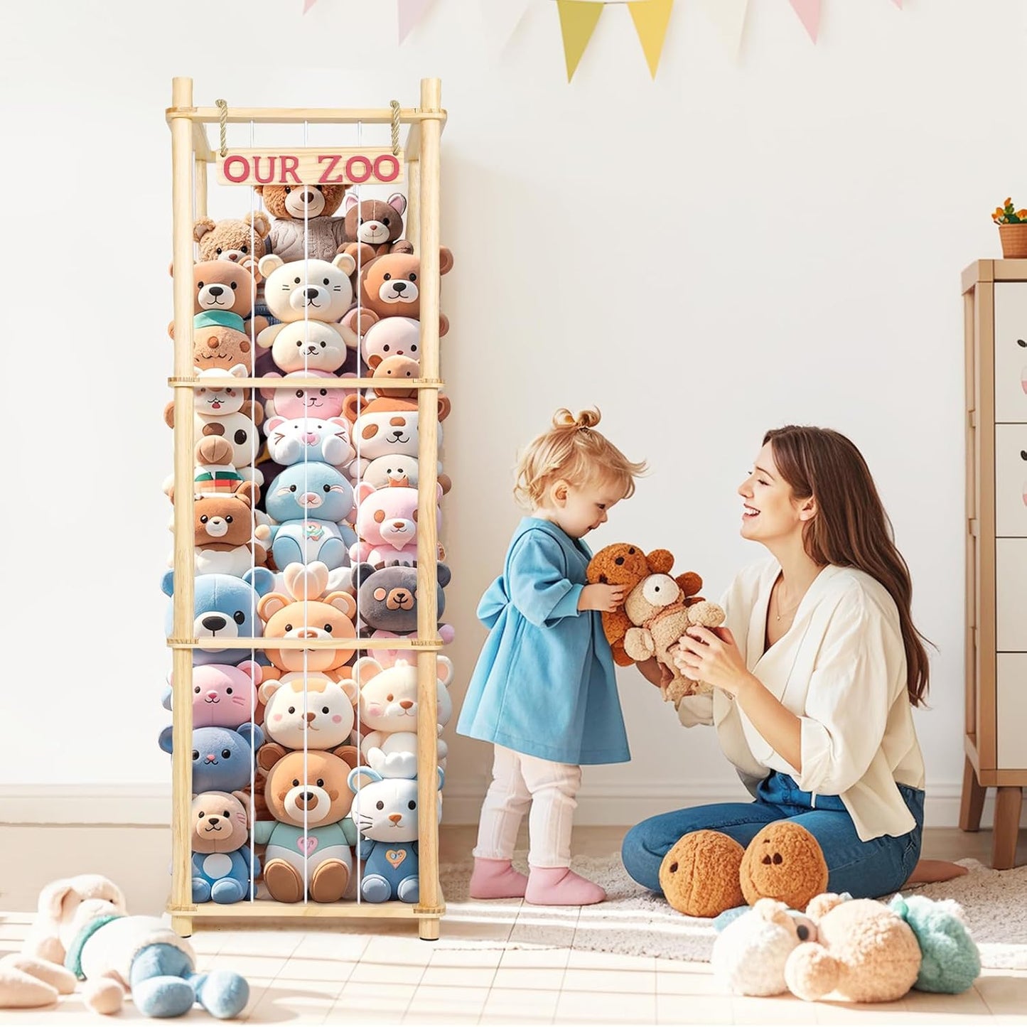 Stuffed Animal Storage - Tall Natural Pine Wood Toy Organizer with Elastic Cords & Shelf, Space-Saving Plushie Playhouse for Nursery, Playroom, Kids Bedroom - Easy Assembly