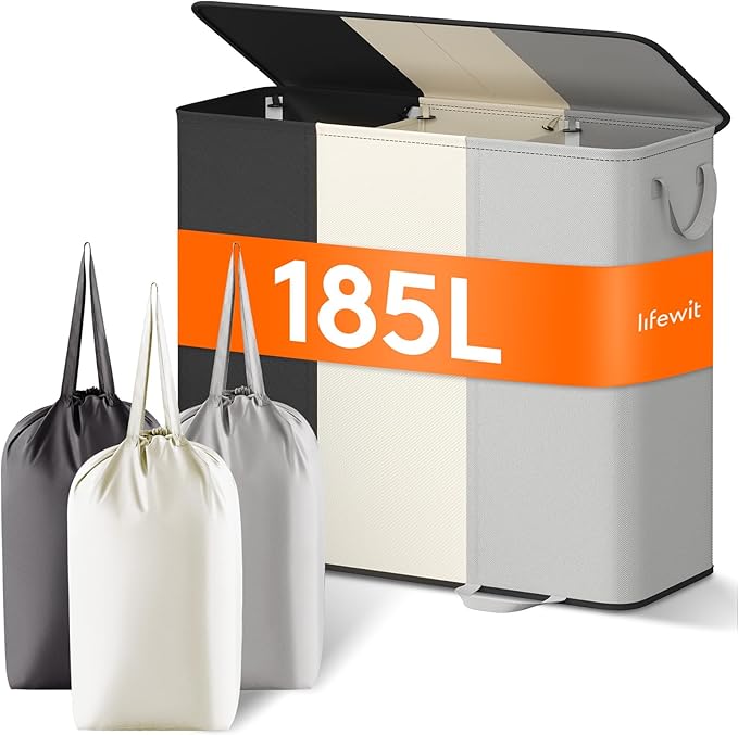 Lifewit Triple Laundry Hamper with Lid and Removable Laundry Bags, Large Collapsible 3 Dividers Dirty Clothes Basket with Handles for Bedroom, Laundry Room, Closet, Bathroom, 185L Black&White&Gray