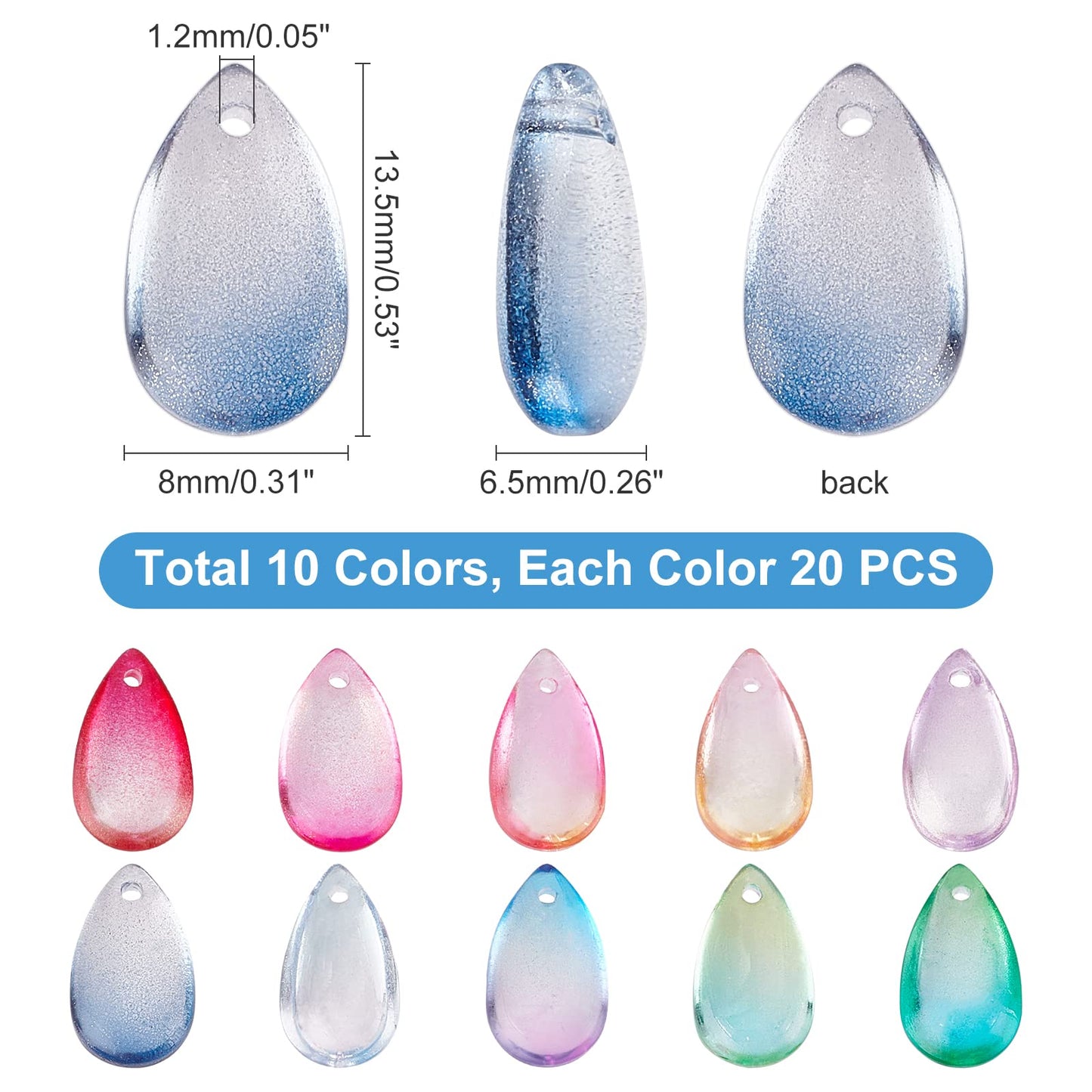 PH PandaHall Teardrop Crystal Beads, 200pcs 10 Color Water Drop Crystal Glass Beads Transparent Loose Beads Colorful Charms Pendants for DIY Crafts Earring Jewelry Making Costume Embellishments