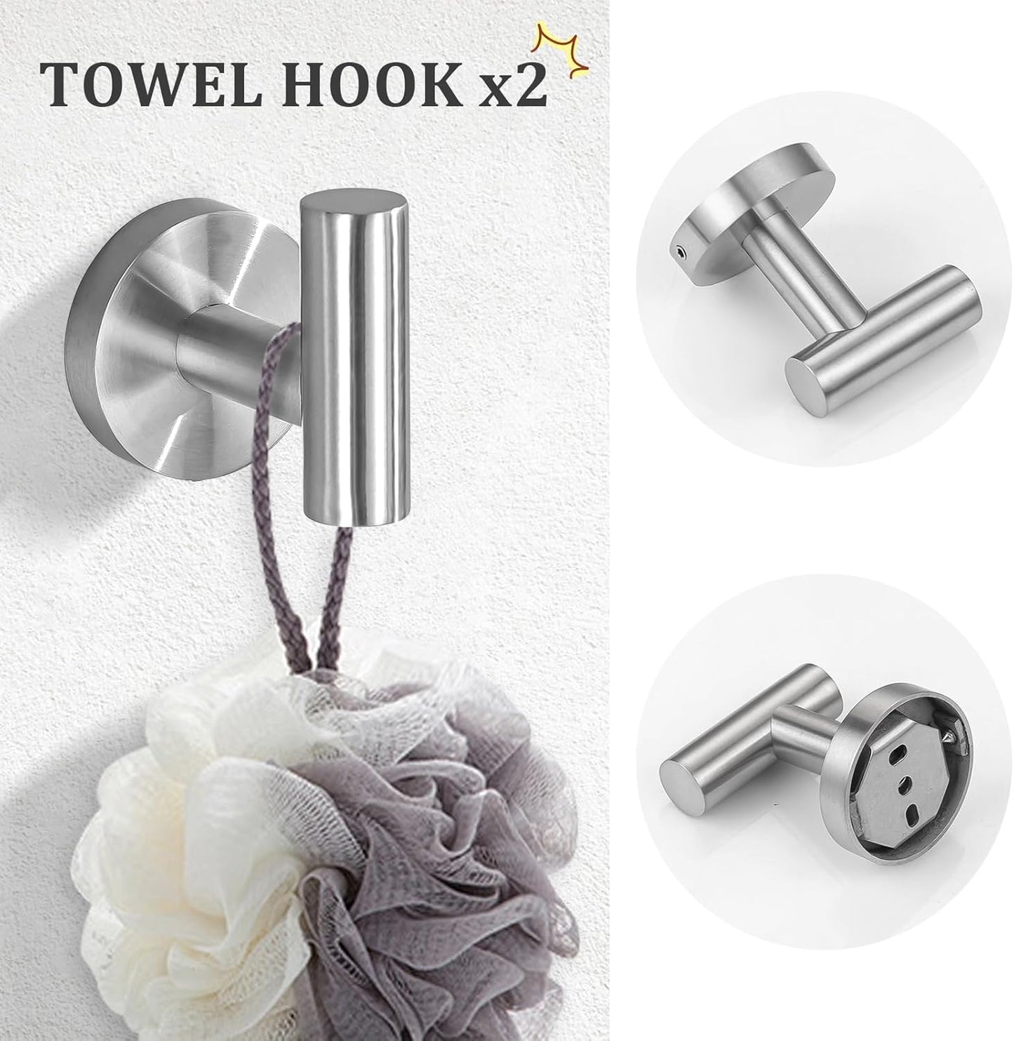 TURS Brushed Nickel 10 Pieces Bathroom Hardware Set, SUS304 Stainless Steel 24 Inch Bath Towel Bar Set, Round Bathroom Accessories Kit Wall Mounted