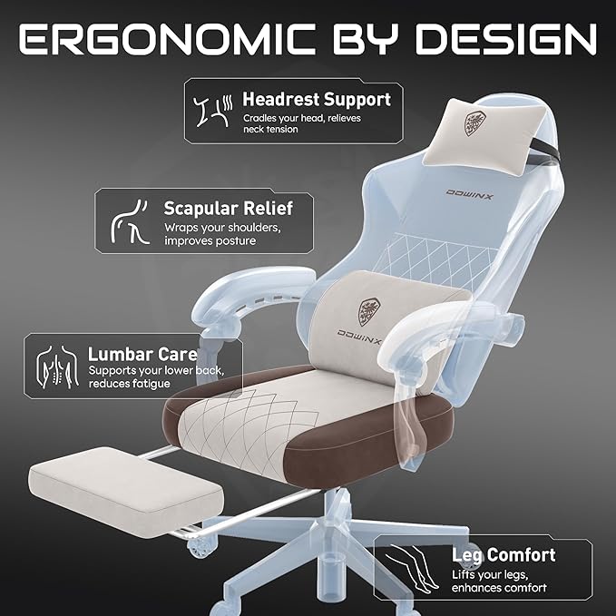 Dowinx Gaming Chair, Fabric Gaming Chairs for Adults with Pocket Spring Cushions and Lumbar Support, Ergonomic Massage Computer Chair with Footrest for Big and Tall, Brown