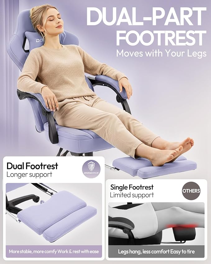 Dowinx Gaming Chair with Footrest, Breathable Fabric Gamer Chair with Gel Pad and Storage Bag, Ergonomic Office Chair with Lumbar Support for Home Task, Purple