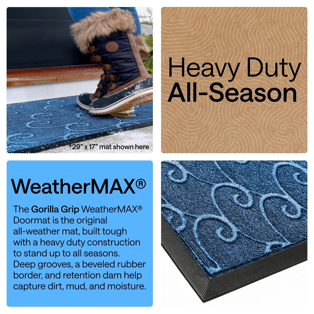 GORILLA GRIP 100% Waterproof All-Season WeatherMAX Doormat, US Designed Natural Rubber, Stain and Fade Resistant, Low Profile Indoor Outdoor Door Mats, Easy Clean Patio Mat, 29x17, Ocean Blue Waves
