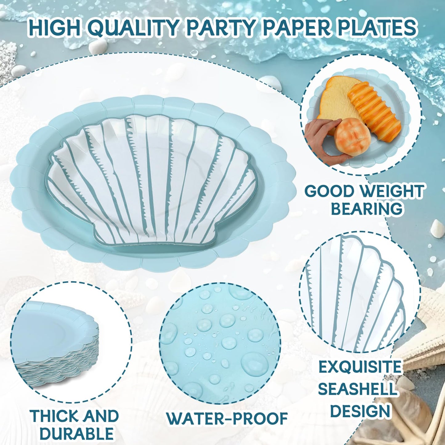 Ferrochef 100 Pcs Ocean Seashell Party Plates Supplies Set 7'' Seashell Disposable Paper Plates 9'' Floral Shaped Paper Plate for Summer Coastal Beach Mermaid Themed Birthday Baby Shower Decoration