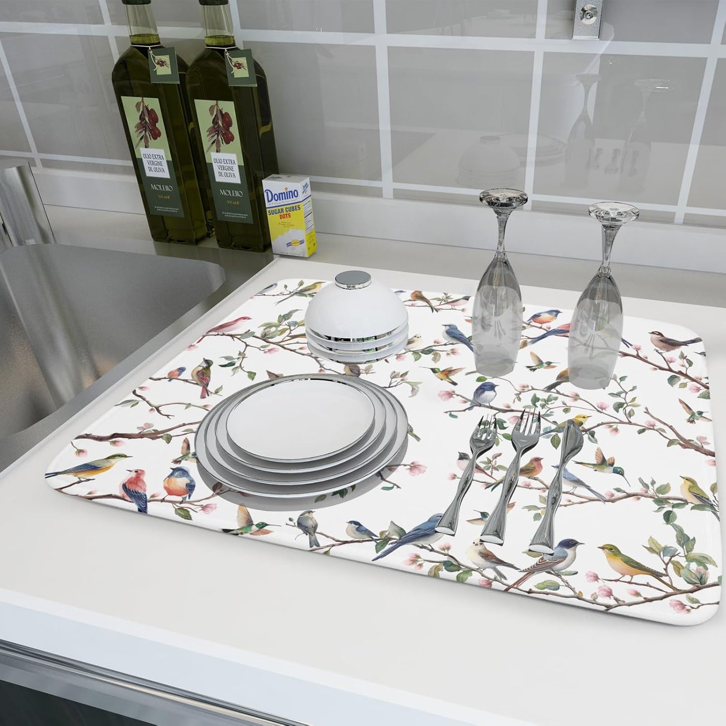 Floral Bird Dish Drying Mat for Kitchen Counter 18x24 Inch Spring Summer Bird Branch Flower Absorbent Reversible Microfiber Dish Pad Dish Drainer Rack Mats Countertops Protector Mat