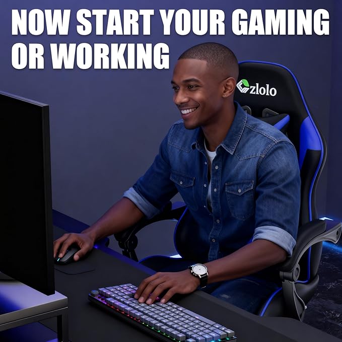 Gaming Chair with Footrest Racing Style Lumbar Support Massager Video Game Chair with Metal Legs, High Back Reclining Gamer Chair with Headrest, 360° Swivel Office Computer Desk Chair (Blue)