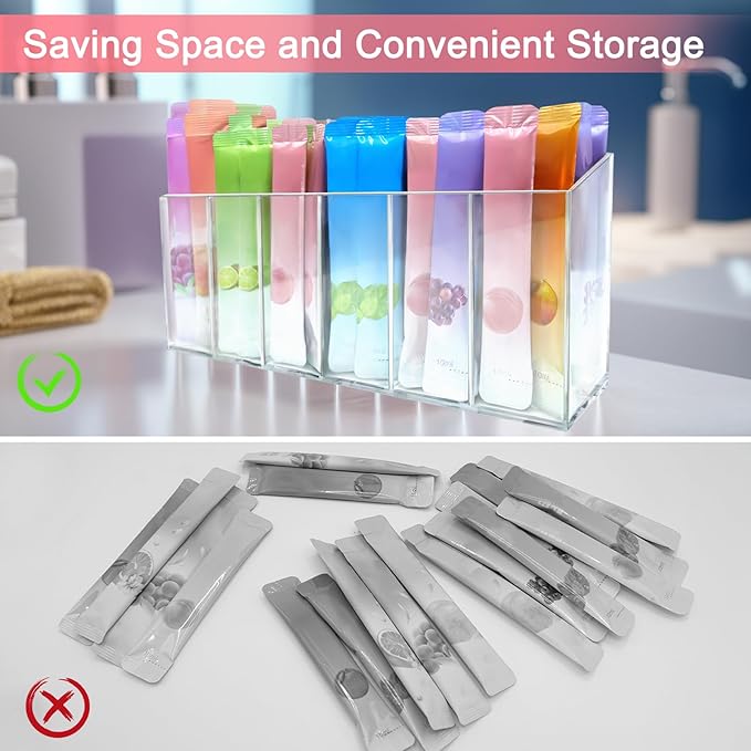 Drink Packet Organizer with Removable Divider & 6 Compartment, Mounted Water Packet Organizer with Soft Magnetic and Adhesive Sticker, Water Flavor Packet Storage for Kitchen Pantry Cabinet Fridge