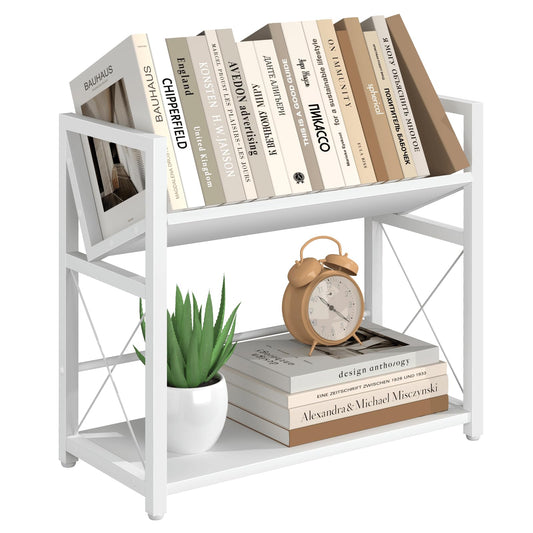 ELITEROO Desktop Bookshelf Organizer, 2 Tier Wood Desk Shelf for Tabletop Storage, Small Book Rack for Office, Home, or Study, Mini Bookcase for Book Display, Decor, and Supplies, White