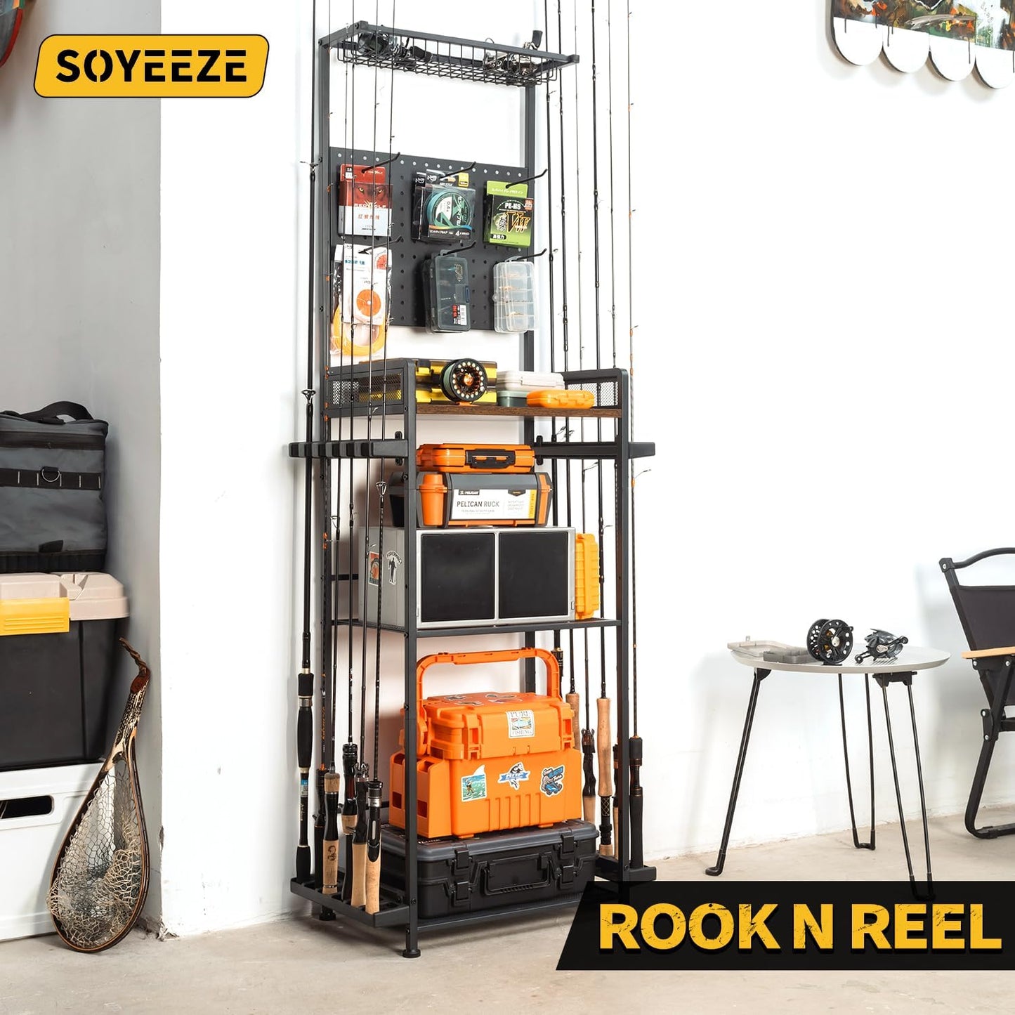 SOYEEZE Fishing Rod Holders for Garage,Fishing Gear Holder for Fishing Rod Tackle Box Storage，Fishing Pole Holders for 12 Rods with Hooks and Pegboard,Fishing Cart with Reel Rack