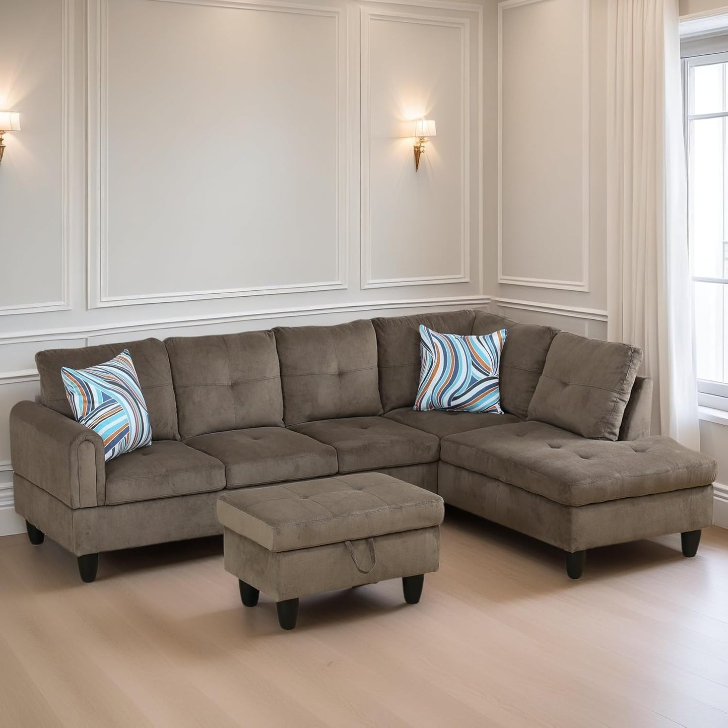 L Shaped Sectional Couches for Living Room, Modern Modular Sectional Sofa with Ottoman Storage, Comfy L Shaped Couch with Chaise for Bedroom Apartment Furniture, Brown
