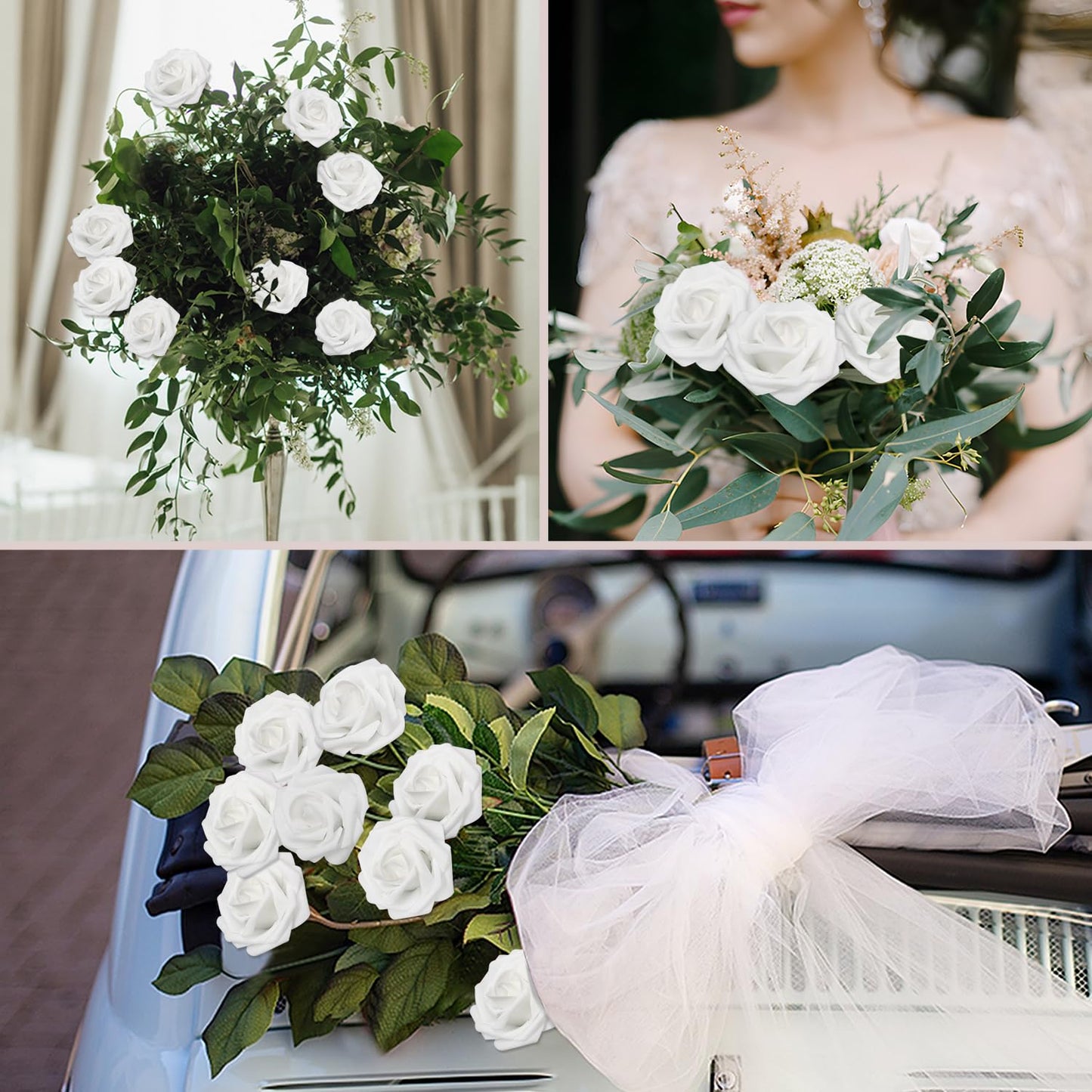 WANTMAZOR 200PCS Artificial Flowers White Roses Real Looking Foam Fake Roses with Leaves and for DIY Wedding Bouquets Bridal Shower Centerpieces Party Decorations (White, 200)