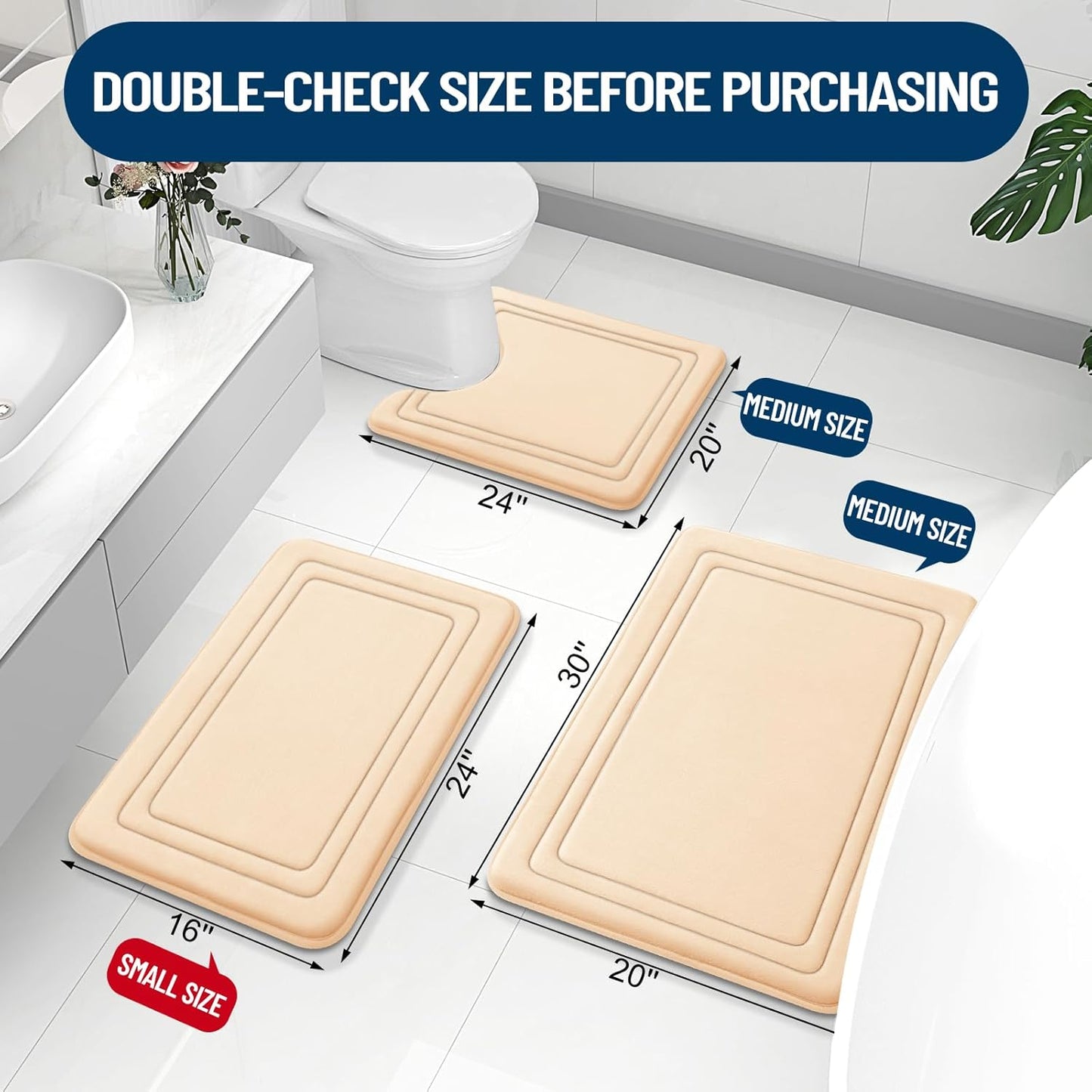 Grandaily Memory Foam Bath Mat Rug 36x24, Ultra Soft, Non-Slip and Absorbent Bathroom Rugs, Machine Wash Dry, Comfortable Bath Carpet for Bathroom Floor, Tub and Shower, Beige