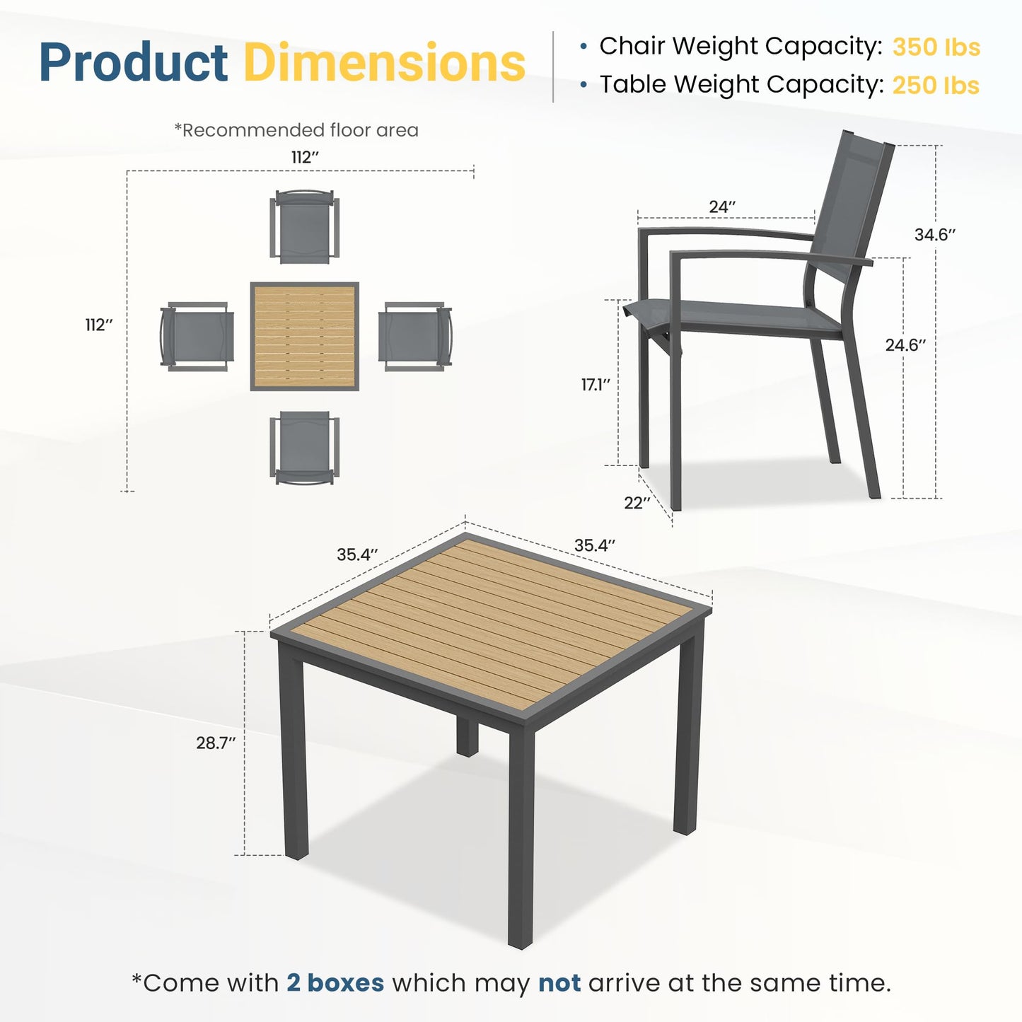 Wisteria Lane Patio Table and Chairs for 4, Outdoor Patio Dining Furniture Set with Aluminum Table and Metal Textilene Chairs, All-Weather Patio Table Set with HDPS Square Tabletop for Garden Porch
