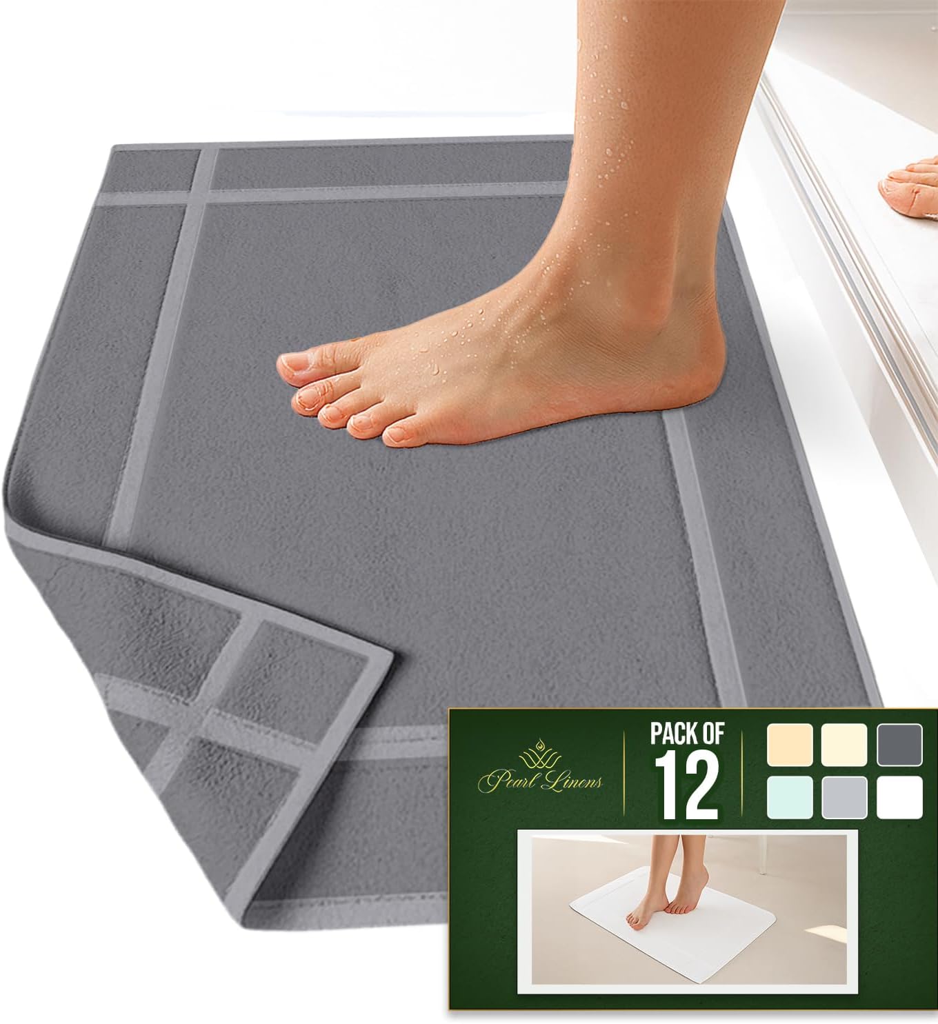 Pearl Linens Pack of 12 Washable Cotton Bath Mat 20x30 - Soft & Absorbent Quick Dry Bathroom Mat Set, Not Bathroom Rugs After Shower Mat, Terry Bath Tub Mat, 687 GSM Light Grey