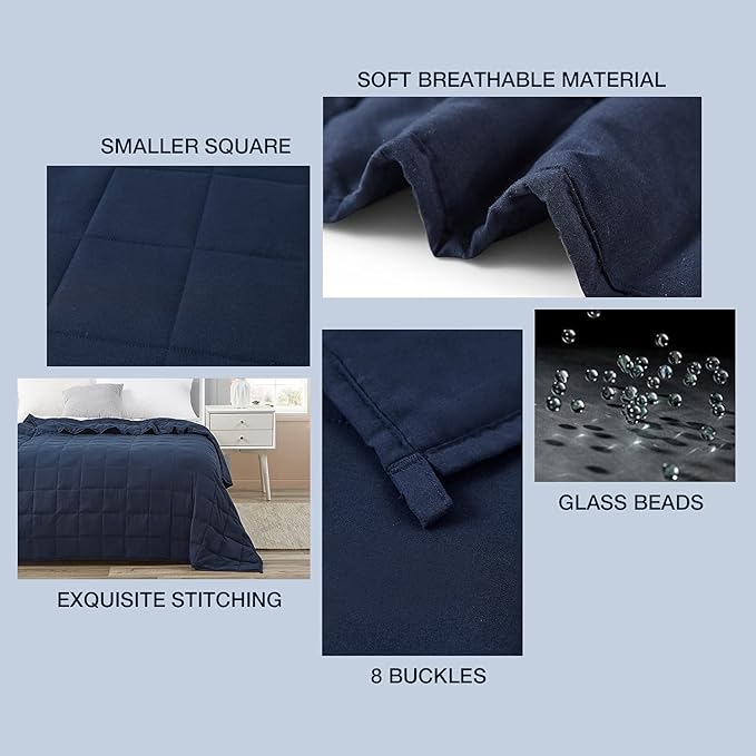 BB BLINBLIN Weighted Blanket for Cool & Restful Sleep, Premium Soft Material and Glass Beads (Navy Blue, 48''x72'' 15lbs), Suit for Adult(~140lb) Use on Twin/Full Bed