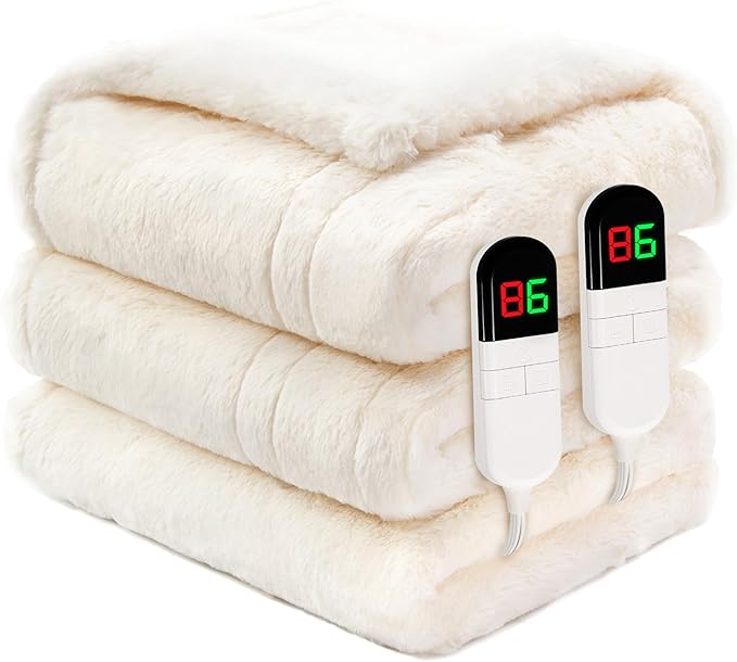 Premium Heated Blanket King 90"×100",Ultra Cosy Soft with 8 Heating Levels,Dual Control Plush Fast Heating Faux Rabbit Fur Blanket for Bed - Auto Shut Off,Machine Washable(Beige)