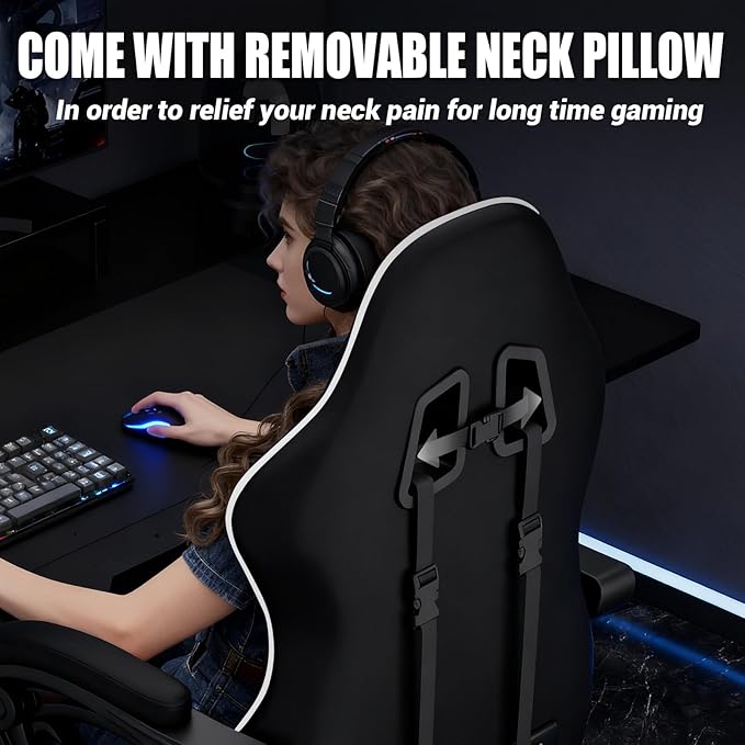 Gaming Chair with Footrest Racing Style Lumbar Support Massager Video Game Chair with Metal Legs, High Back Reclining Gamer Chair with Headrest, 360° Swivel Office Computer Desk Chair (White)
