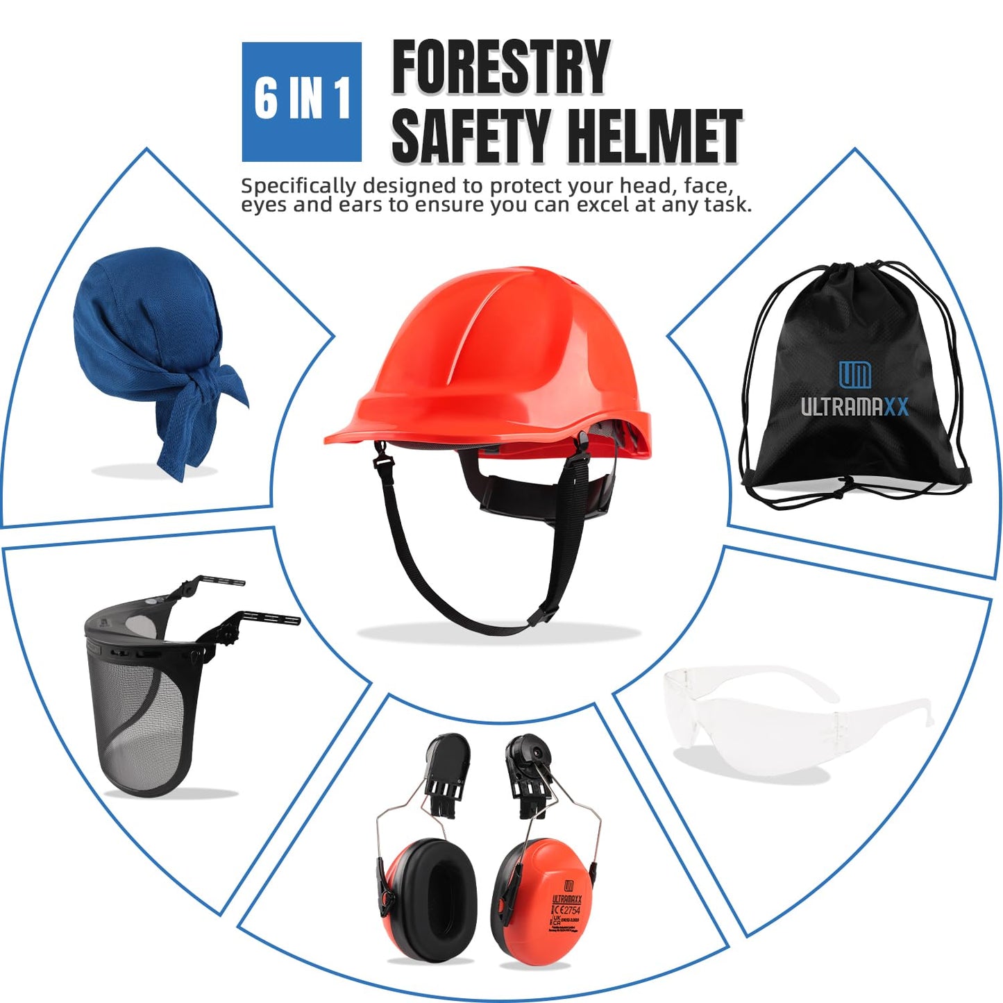 UM ULTRAMAXX 6-in-1 Chainsaw Helmet with Mesh Face Shield and Hearing Protection Ear Muffs, Forestry Safety Hard Hat Kits, ANSI Z89.1 Approved Certified Arborist Helmet, Orange