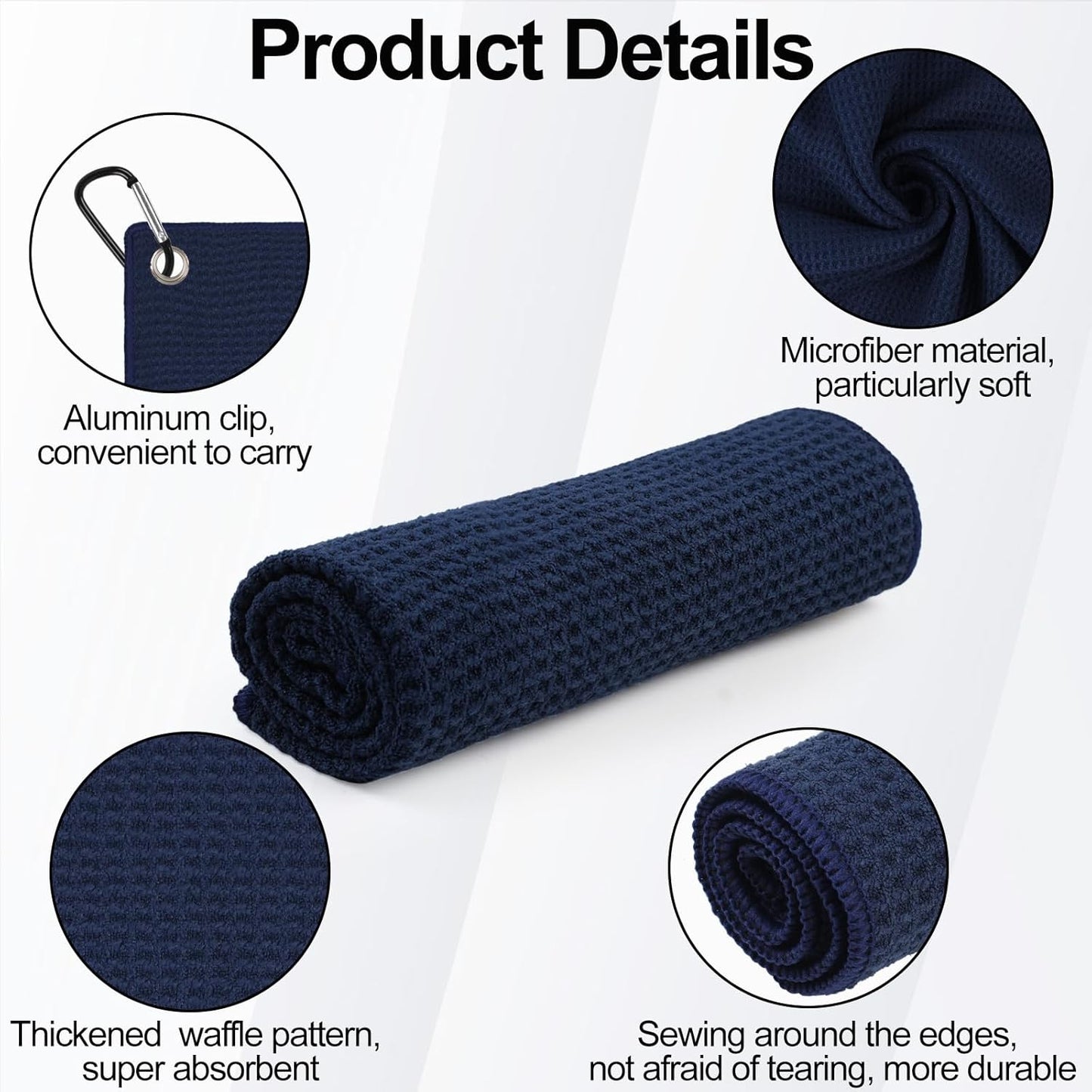 3 Pack 16" x 16" Golf Towels, Premium Waffle-Pattern Microfiber Golf Towels with Carabiner Clip, Super Absorbent, Sand Resistant, Wear Resistant, Black-Blue-Gray Colors