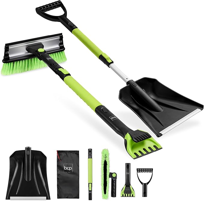 Best Choice Products 4 in 1 Snow Brush with Shovel, Squeegee & Ice Scraper, Up to 39" Extendable Foam Grip, 270° Pivoting Snow Brush for Car Truck SUV, Storage Bag Included - Lime