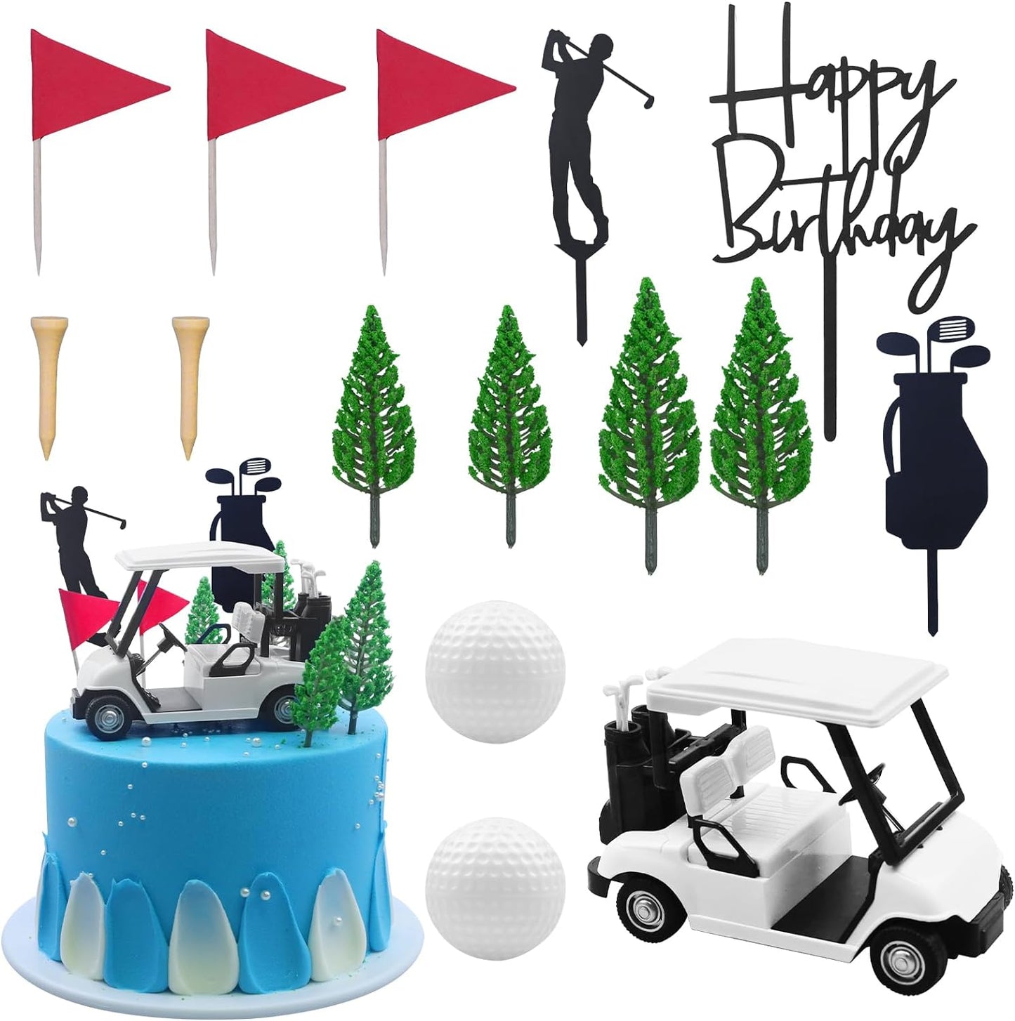 MEMOVAN Golf Cake Decorations Golf Birthday Cake Toppers Mini Golf Cart Toy Golf Theme Cake Decorations with Cart Flag Golf Ball Green Tree for Golf Theme Party Supplies