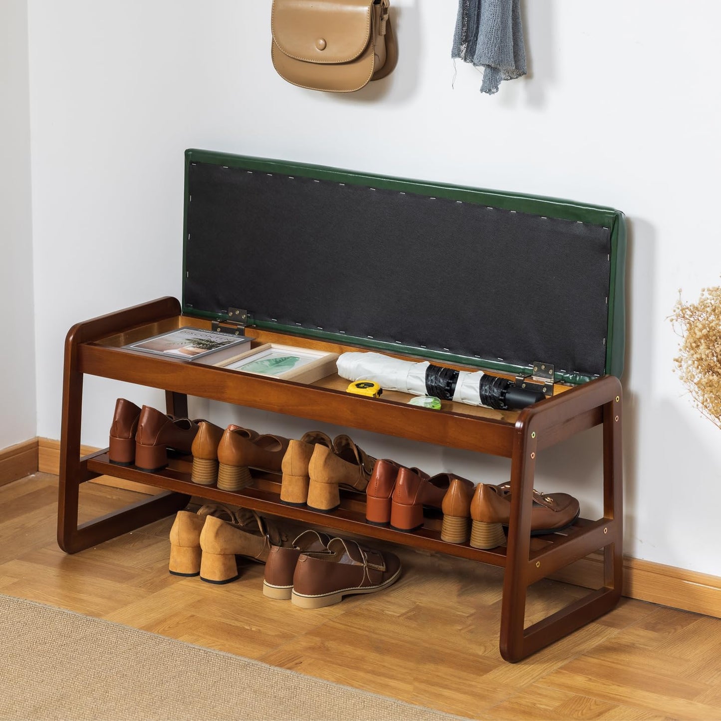 latifolia Solid Wood Bench, Entryway Shoe Bench with Cushion, Flip-Open Storage Compartment, 2-Tier Shoe Organizer(Green,39.70''L)