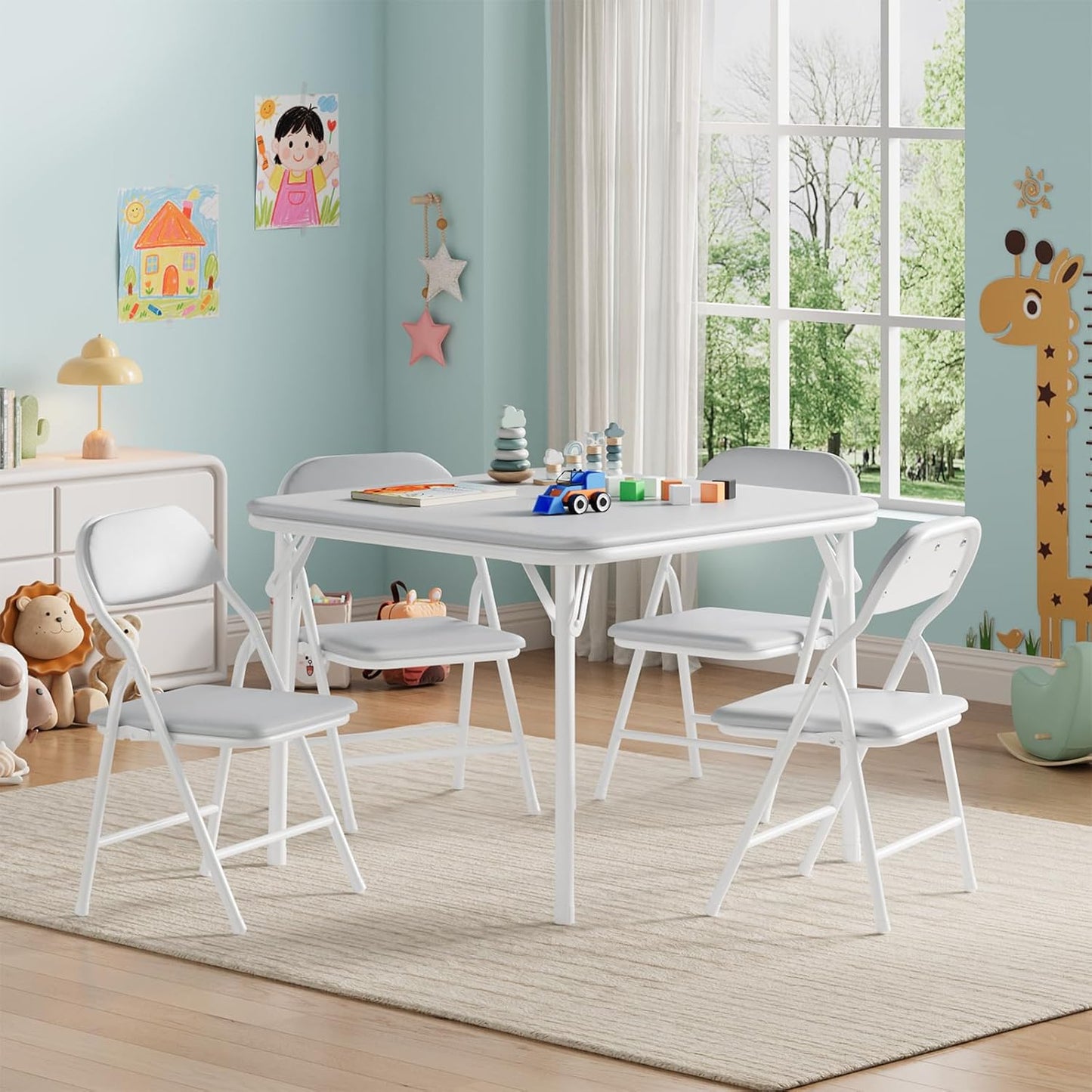 IDEALHOUSE 5 Piece Folding Kids Table and Chairs Set, Children Activity Table and Chairs Set for Dining Room,Daycare,Classrooms