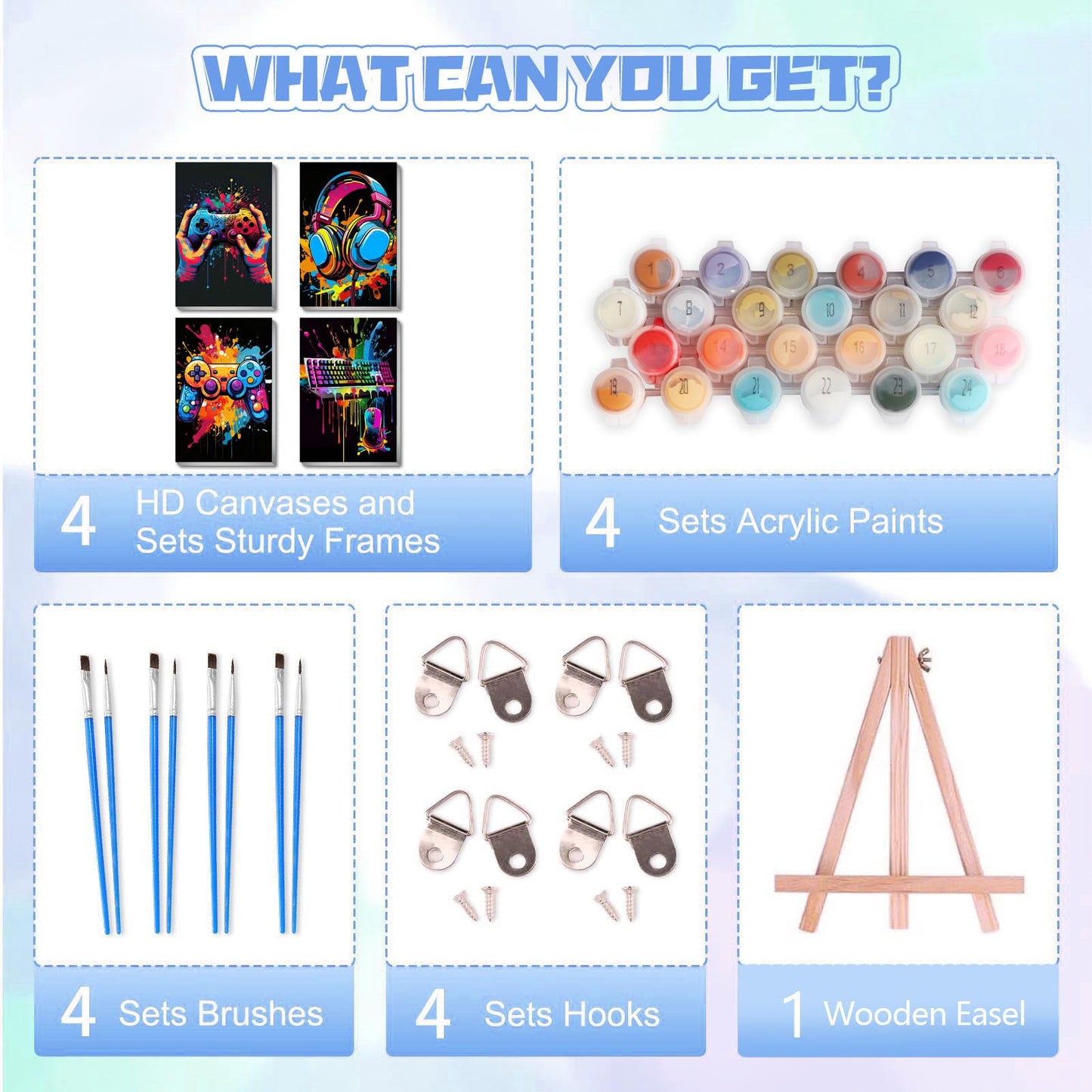 bleihum 4 Pack Paint by Numbers Kit for Kids with Frame Wooden Easel, Video Game Paint by Number Canvas, Controller Painting by Numbers Gifts for Gamers Teen Boys Room Decor 8x12 Inch