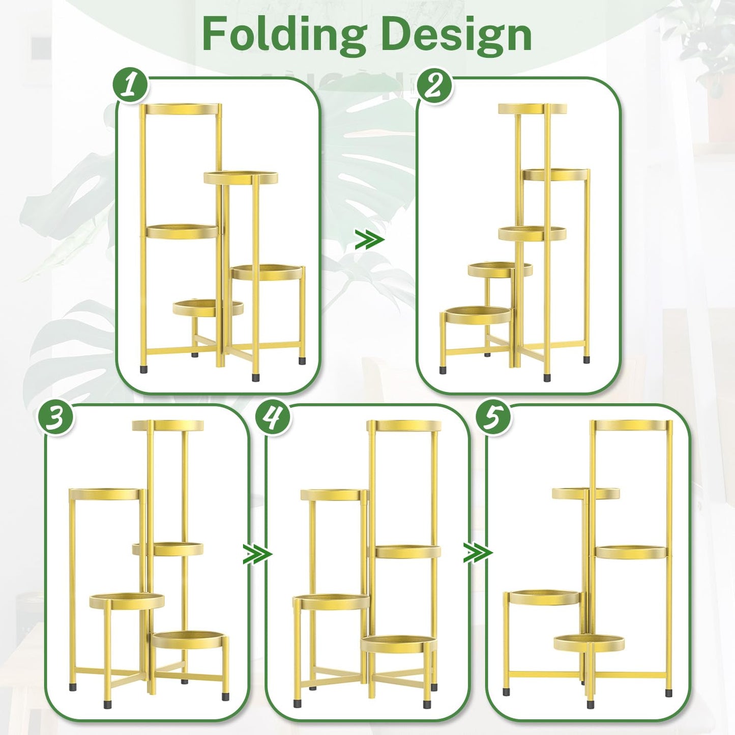 iDavosic.ly Plant Stand Indoor Outdoor, 5 Tier Corner Metal Flower Display Holder Shelf, Folding Tall Orchid Rack for Patio Balcony Porch Garden Living Room House, Gold