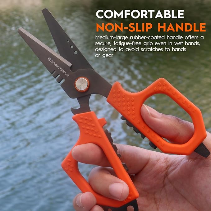 BasicGear Fishing Multi-Tool Scissors – Titanium-Coated, Stainless Steel, Multi-Tool Cutter with Hook Adjuster, Screwdriver, Bottle Opener, Sheath & Non-Slip Grip for Saltwater or Freshwater Use
