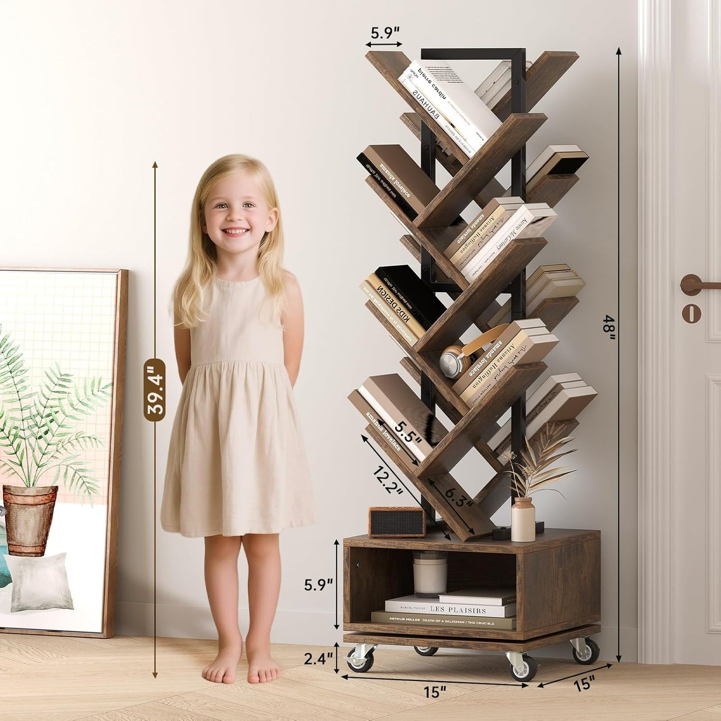 49" Rotating Tree Bookshelf, 7 Tier Double Sided Shelf, Wood Corner Bookshelf with Wheels, 360 Display Spinning Bookcase Storage Rack, Ideal for Small Rooms, Easy Assembly, Rustic Brown