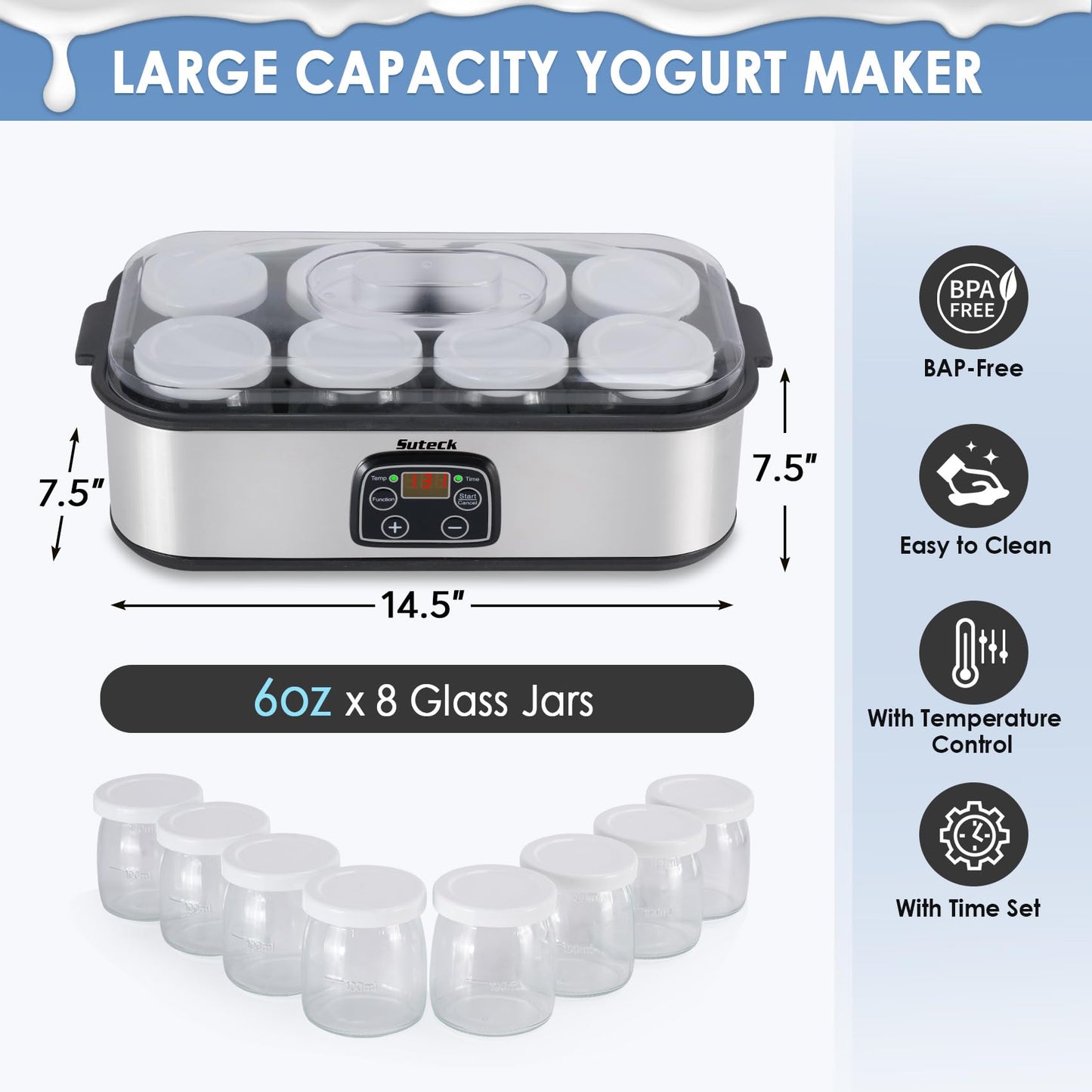 Suteck Yogurt Maker with 8 Glass Jars, Time & Temp Adjustable Control Yogurt Machine, Homemade Greek & Probiotic Yogurt, Automatic Shut-Off, BPA-Free, 48 oz Total, Black