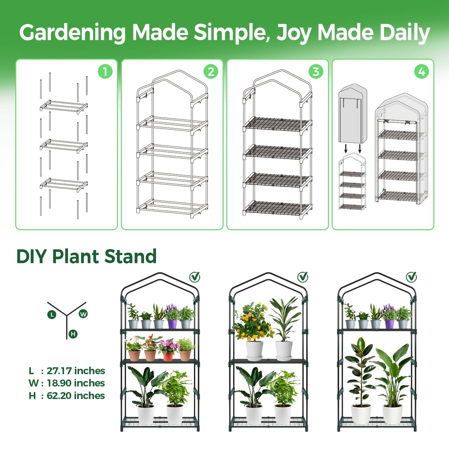 Mini Greenhouse for Outdoors Indoor: 27 x 19 x 62-Inch Ohuhu Small Green House with 4 Tier Shelves, Portable Plastic Greenhouses with Heavy Duty Transparent PVC Cover for Seedling Patio Porch Balcony