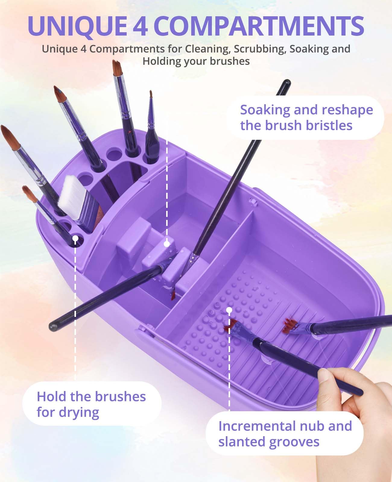 GAMENOTE Paint Brush Cleaner - Paint Brush Holder with Palette and Handle,Rinser for Acrylic, Watercolor, and Water-Based Paints, Painting Art Supply Storage Organizer (purple)