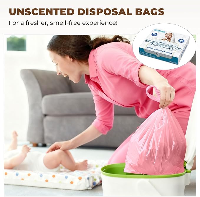 Odor Sealing Disposable Diaper Bags with Tie Handle, 160 count, Large Capacity, Unscented & Durable Diaper Trash Bags for Home & Baby Travel Use (Color:Pink)