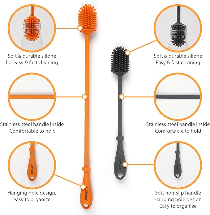 LeMuna Silicone Bottle Brush, Water Bottle Cleaner Brush Set with Silicone Straw Brush for Narrow Neck Containers, Hydro Flask, Sports Bottle, Glassware