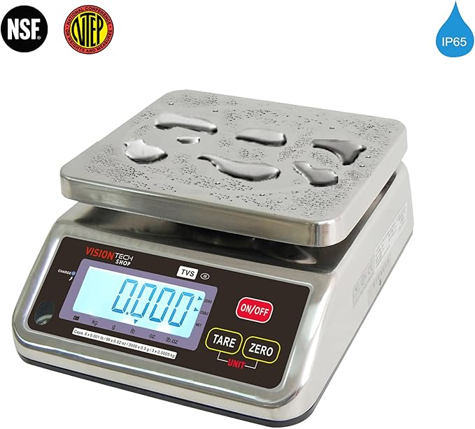 VisionTechShop TVS Portion Control Stainless Steel Washdown Scale, Lb/Oz/Kg/g Switchable, Low Profile Design, 6lb Capacity, 0.001lb Readability, Single Display, NTEP Legal for Trade, NSF Certified
