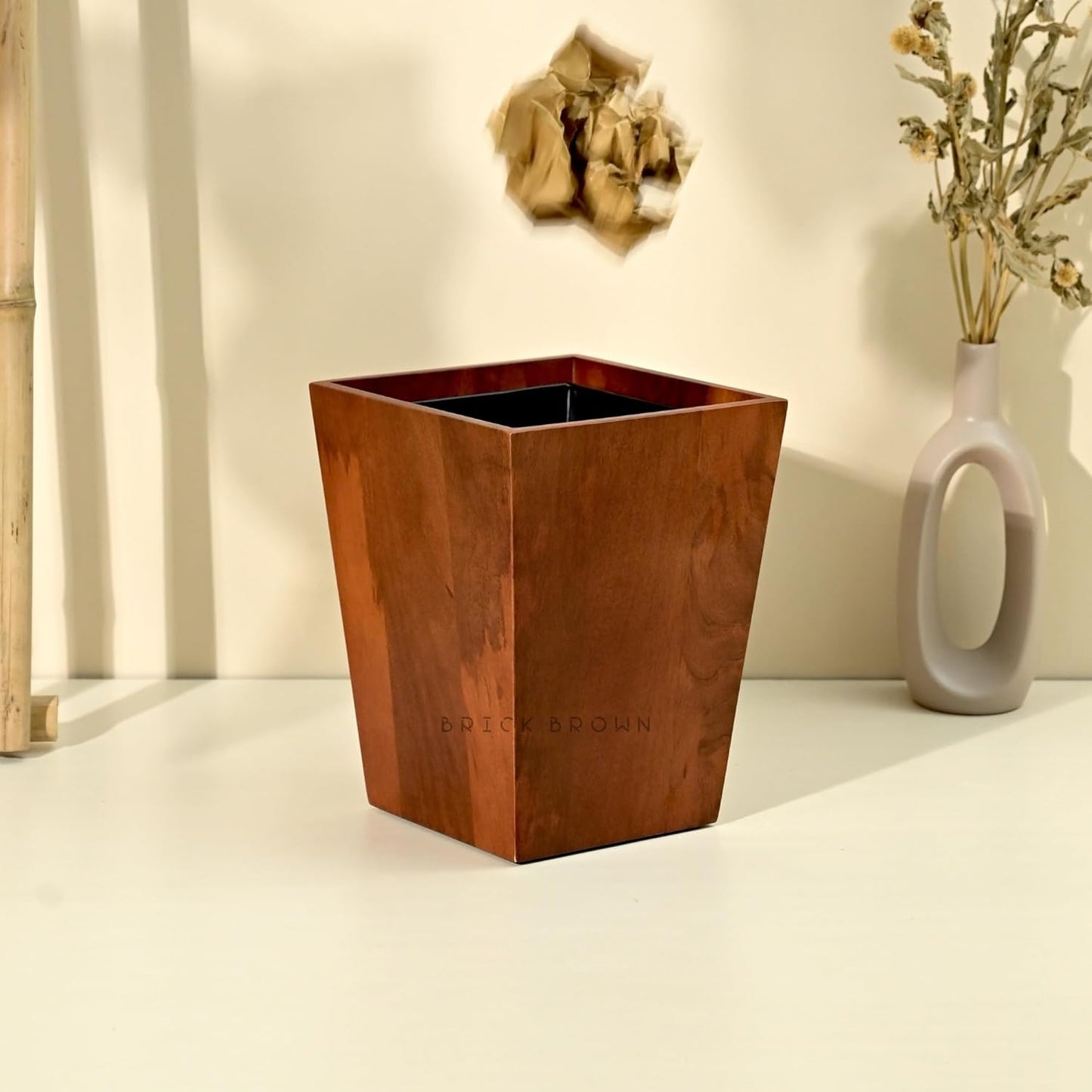 Premium Solid Wood Trashbin Multipurpose Furniture Basket for Home Living Room Office | Dustbin with Removal Metal Inner Liner from Mahogany Collection (Dwindle, 8x8x9.8 Inch)