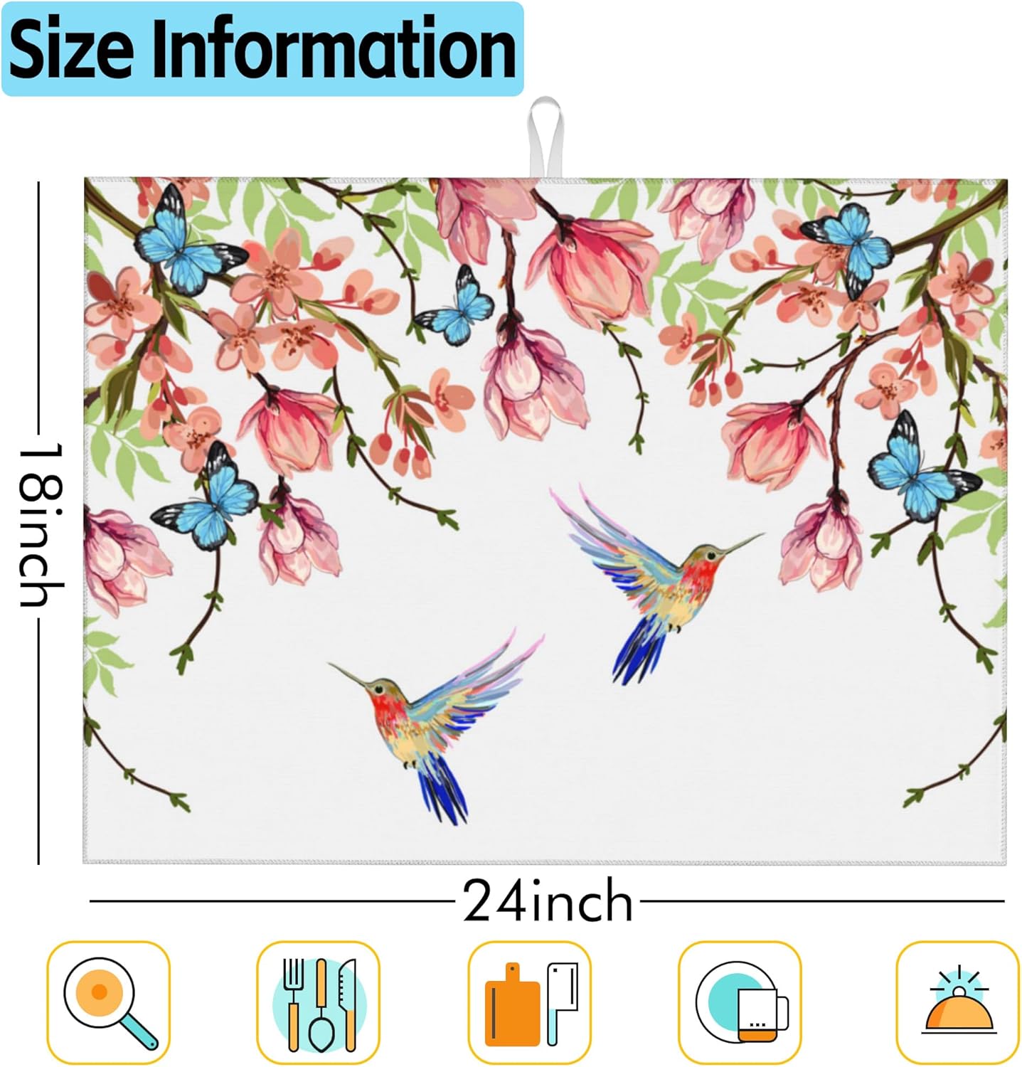 Large Dish Drying Mat for Kitchen Counter,18"X24" Wisteria Magnolia Hummingbird Butterfly Absorbent Reversible Microfiber Dish Drying Mat Dish Drainer Mat Drying Pad for Kitchen Countertop Coffee Bar