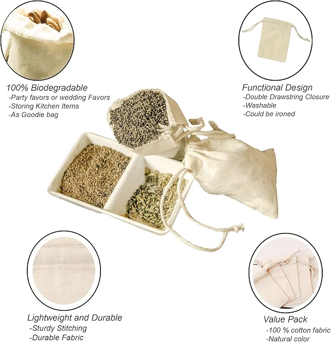 12x16 inches Natural Cotton Double Drawstring Reusable Produce Muslin Bags – Multipurpose Drawstring Storage Pouch for Everyday Use (Pack Of 100)