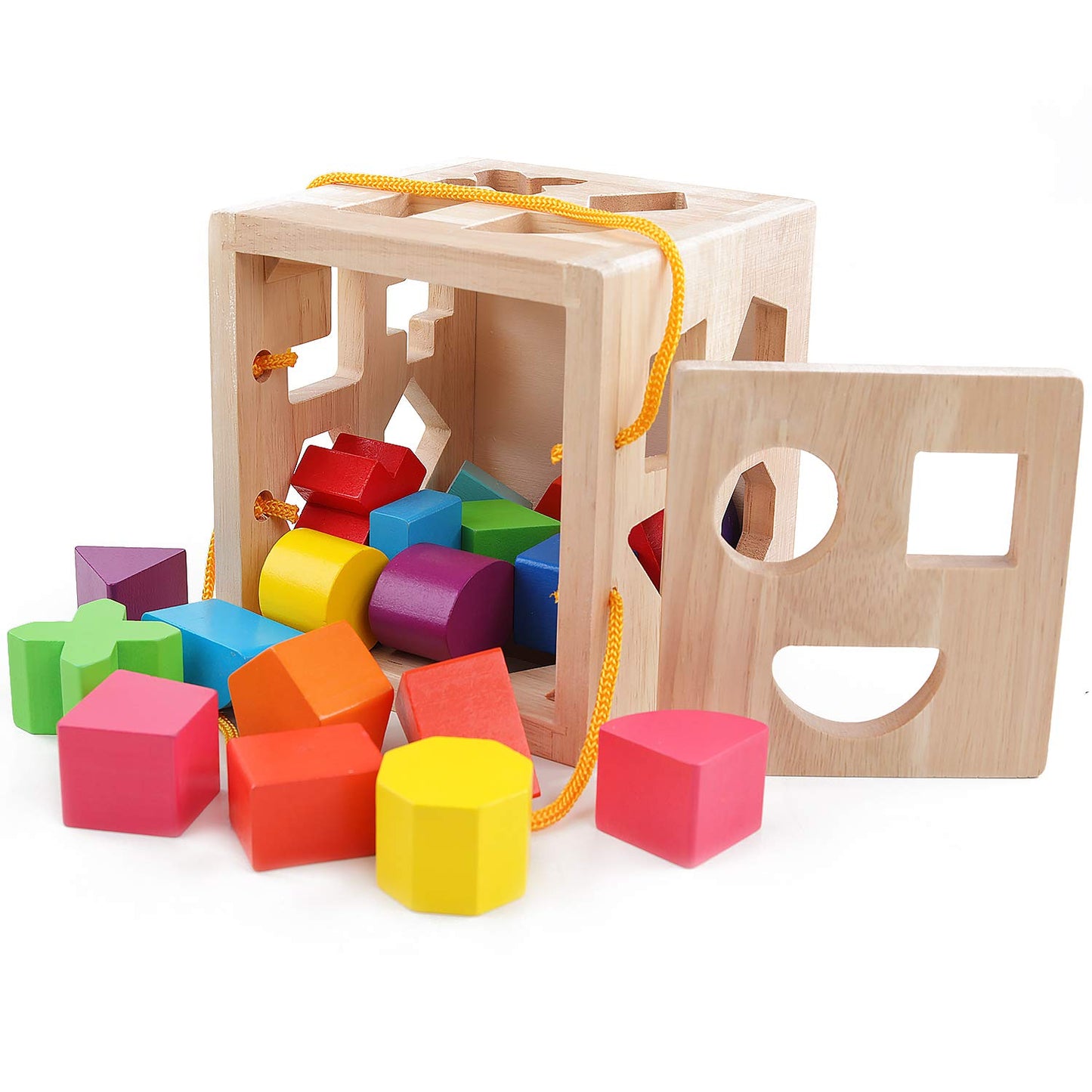 QZMTOY Shape Sorter Toys with 19 Shape Blocks, Classic Wooden Toys for Toddlers Kids, Gift for Girls Boys 2-4 (Natural Solid Wood)