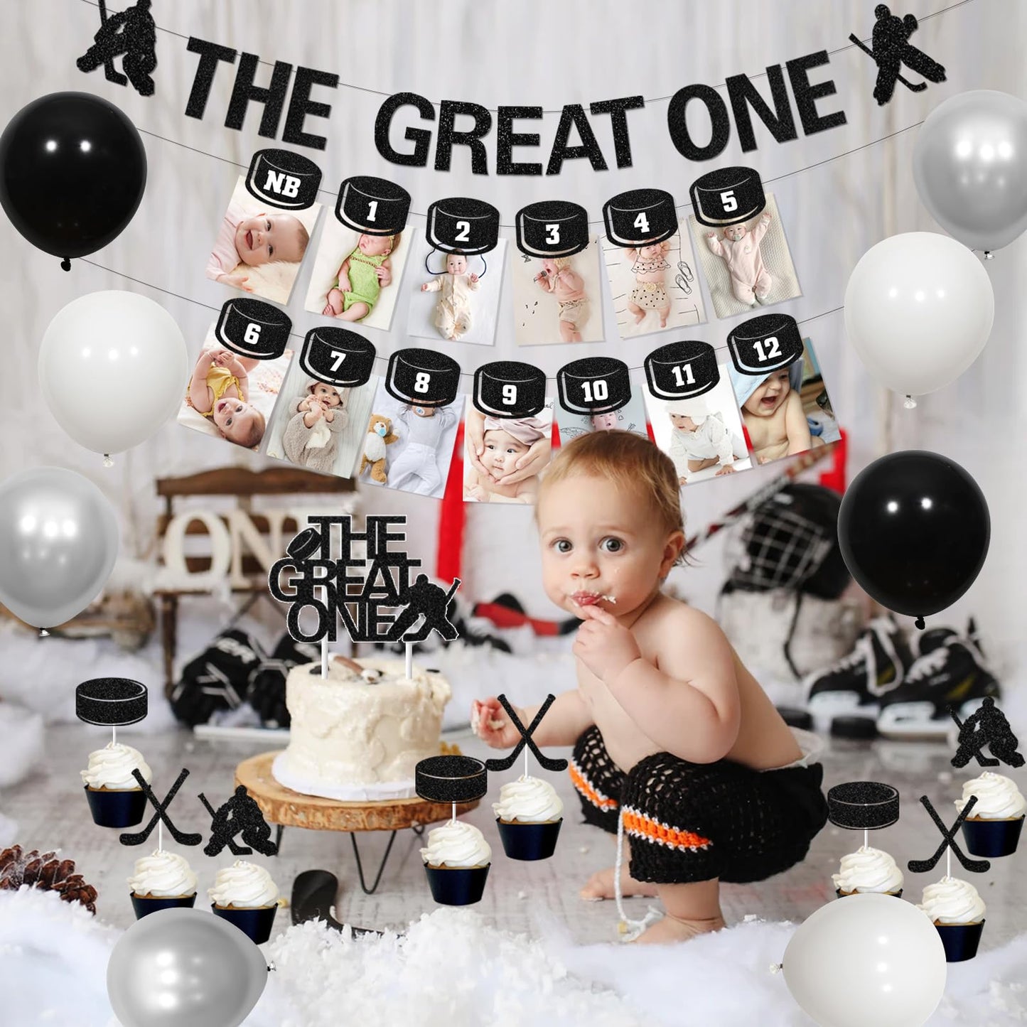 Hockey 1st Birthday Decorations Boys - 1st Birthday Baby Photo Banner for Newborn to 12 Months, The Great One Banner Cake Topper with Cupcake Toppers, Ice Hockey Theme Gameday Sport Party Supplies