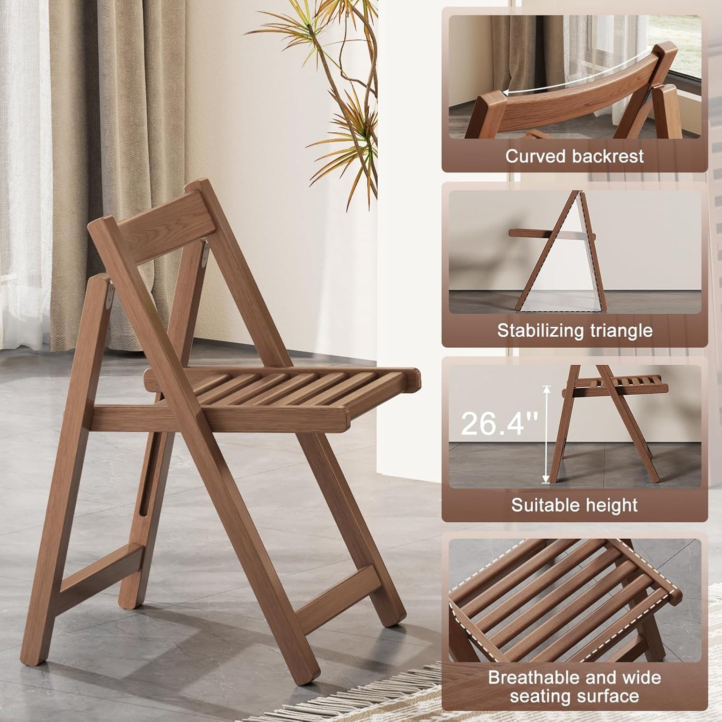 Soild Wood Folding Chairs Set of 2,Indoor or Outdoor Wooden Foldable Dining Chairs, 300lbs Capacity, Space-Saving and Portable Design for Home Kitchen, Lawn, Patio,No Assembly Needed